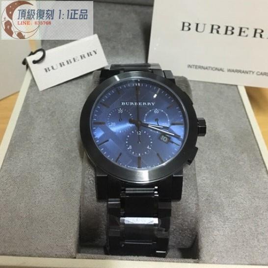 高端 BURBERRY戰馬手錶ion-platedwatch42mmbu9365黑色不鏽鋼帶藍色錶面三眼計時日曆錶