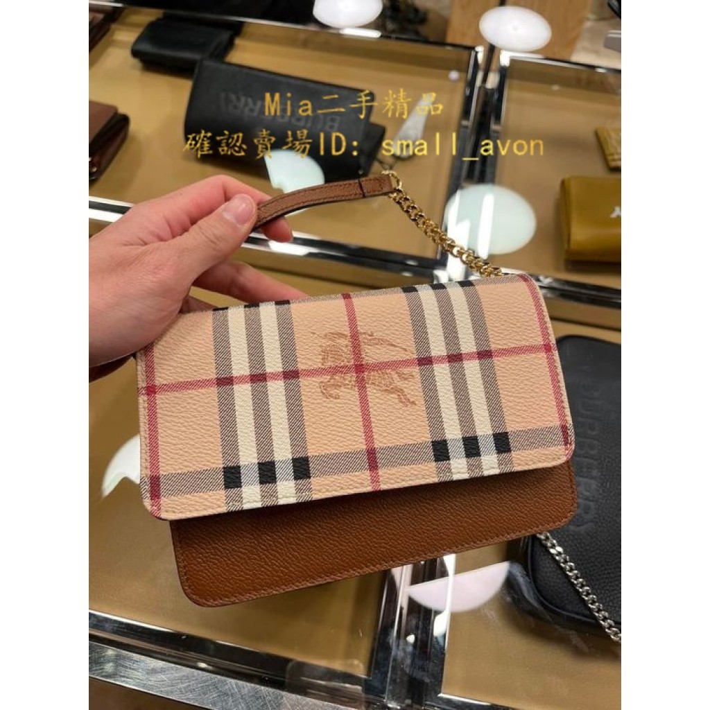 Mia二手 Burberry 博柏利 經典格紋 WOC款拼色翻蓋肩背斜背/手拿包 80463061 格紋戰馬 黑色 棕色