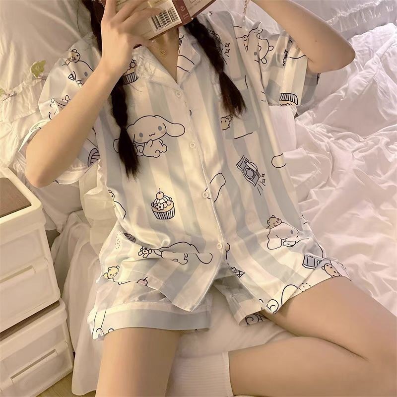 玉桂狗睡衣女🎀 日系玉桂狗卡通短袖睡衣女夏季套裝ins可愛甜美女學生條紋家居服 短袖睡衣套裝 居家服
