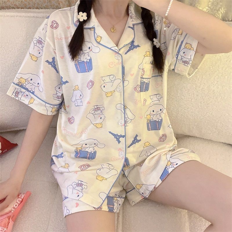 玉桂狗睡衣女🎀 日系ins大耳狗玉桂狗開衫睡衣女夏天短袖短褲學生可愛甜美家居服 短袖睡衣套裝 居家服