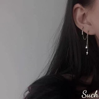 Such｜s925銀針／耳夾｜流蘇星星雙耳洞耳環 十字架耳墜 五角星長款不對稱耳環 夾式耳環 耳夾式耳環 耳環夾式