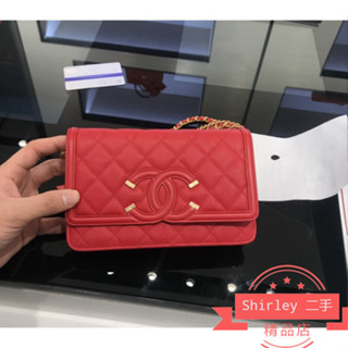 二手Chanel Vanity 大Logo 紅色牛皮荔枝紋 WOC 肩背包 金鏈 限定 19公分 翻蓋包