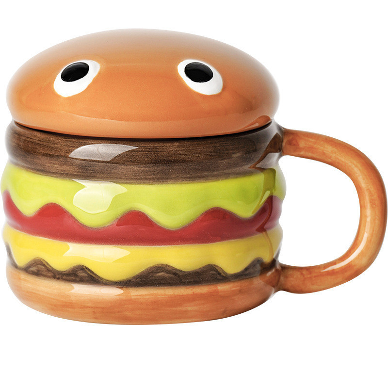 創意可愛手繪釉下彩漢堡包造型 陶瓷馬克杯帶蓋個性手工咖啡杯