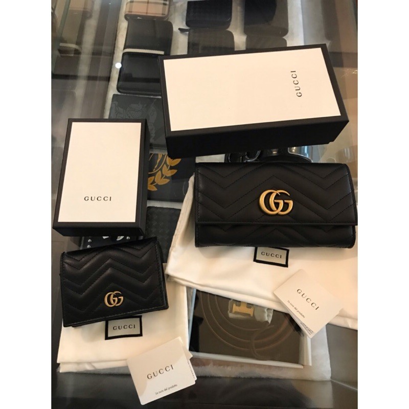 盈盈二手/精品Gucci marmont 馬夢 牛皮金屬雙G Logo牛皮 長夾 短夾