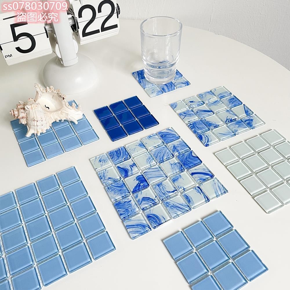 磁磚 藍色 馬賽克 水晶玻璃 純手工 方形杯墊 隔熱墊 擺拍道具 杯墊 餐墊 餐桌墊 鍋墊