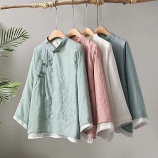 臺灣出貨⚡漢服上衣 國潮 復古刺繡盤扣上衣 麻棉襯衫女 中國風 改良漢服 新款中式禪意茶服 寬松拼接圓領上衣 繡花茶服