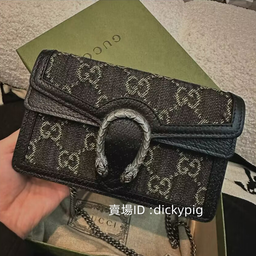 精品二手 Gucci Dionysus 酒神包 古馳黑丹寧鏈條包 單肩包 斜挎包 476432 銀色虎頭扣包