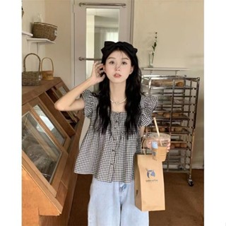 【Carmar】2024春韓系少女可愛女夏方領寬松百搭露背小個子娃娃衫小飛袖上衣