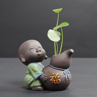 【以德壺人】陶瓷彩砂小和尚水培花盆擺件茶盤 花器可愛花瓶養花桌麵花寵