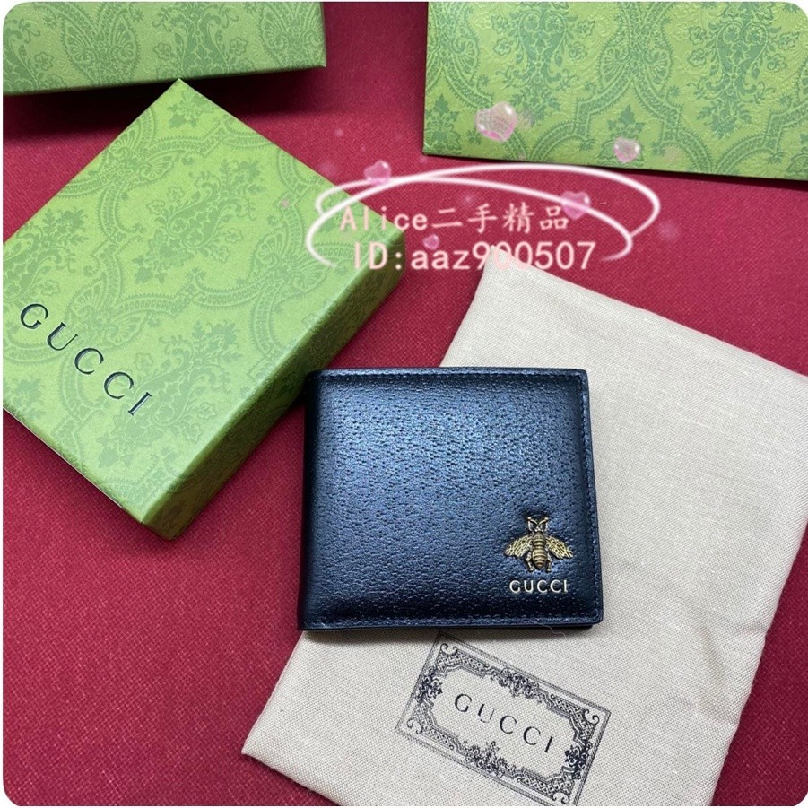 嚴選GUCCI 黑色 牛皮 蜜蜂款 8卡 對折 短夾 523664 男生錢包 錢夾