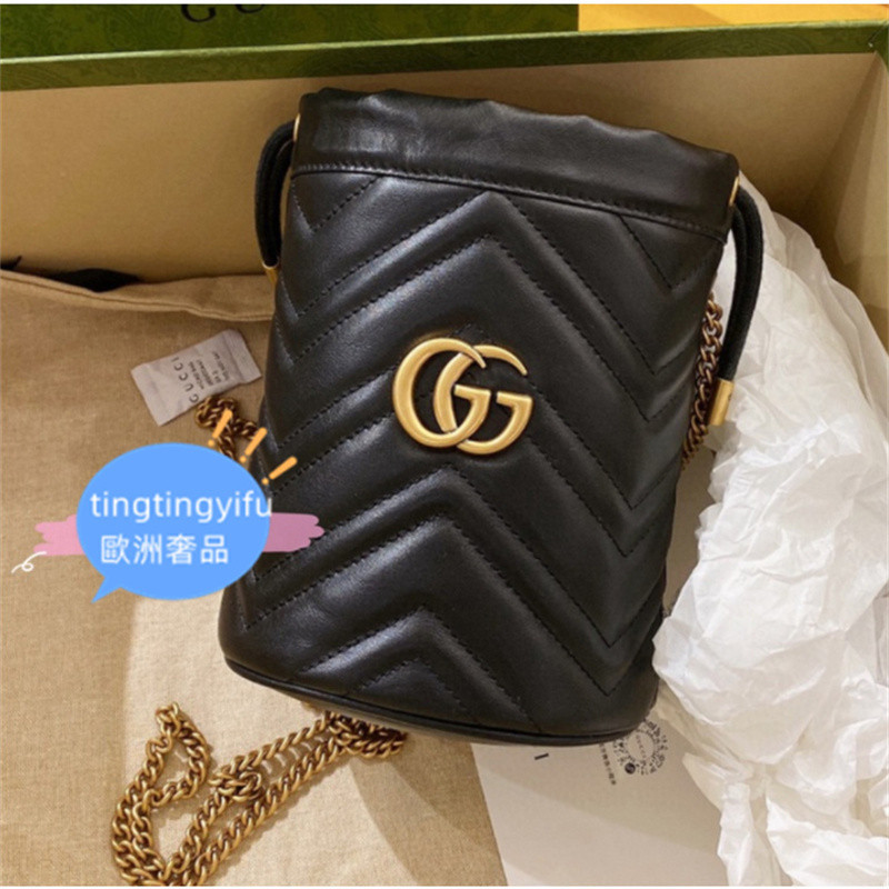 GUCCI古馳 575163 GG Marmont Mini 迷你 肩背包 水桶包 黑色/白色 筆筒包