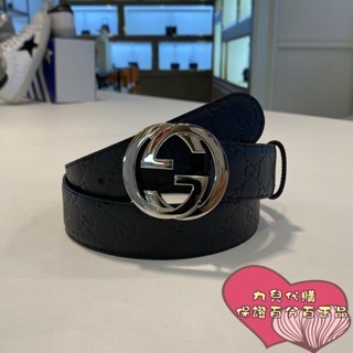 精品 GUCCI 古馳 Signature 411924 黑色雙G印花紋皮帶 腰帶 男士皮帶 現貨