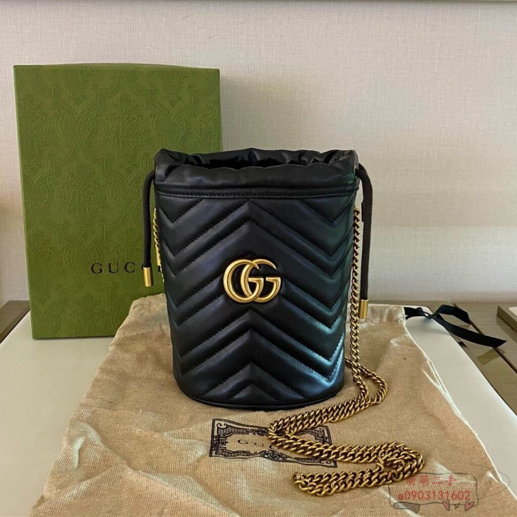 二手GUCCI 古馳 GG Marmont 系列 黑色 迷你水桶包 肩背包 斜挎包 575163