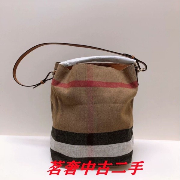 Burberry博柏利 The Ashby Canvas 經典大格紋 小號 水桶包 手提包 肩背包 斜背包