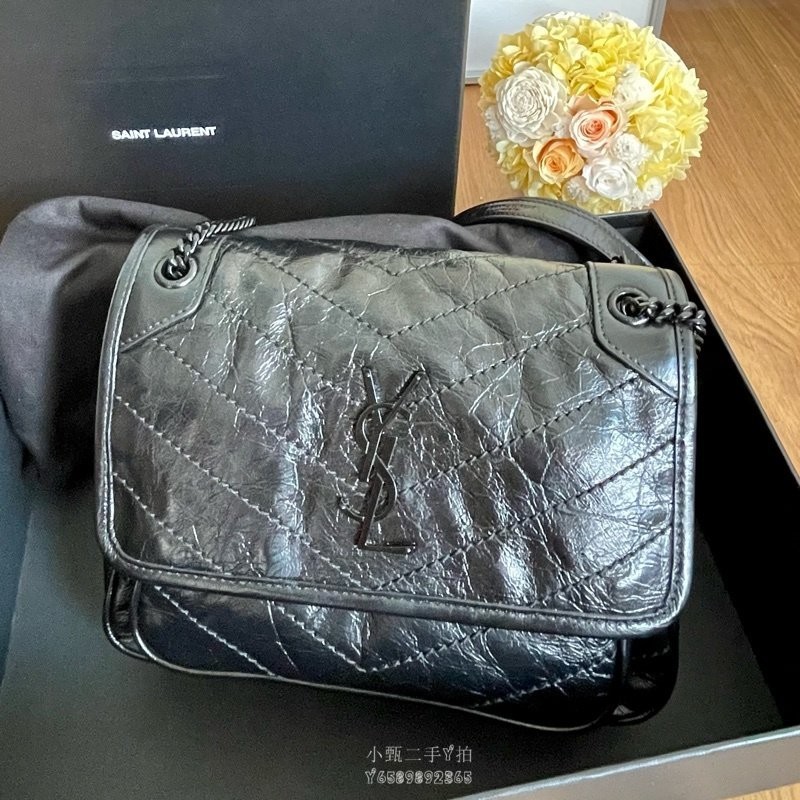 二手精品 YSL SAINT LAURENT NIKI 小號 22CM 黑色黑鏈 單肩斜跨包 郵差包 流浪包 折扣價