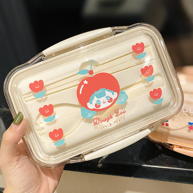 ✨限時特賣 日式可愛小櫻雙層小學生飯盒少女心一人用密封便當盒帶筷子叉餐具