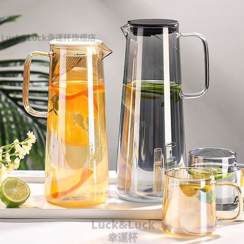 玻璃冷水壺 套裝 大容量水壺 琥珀色玻璃檸檬壺 飲料果汁壺