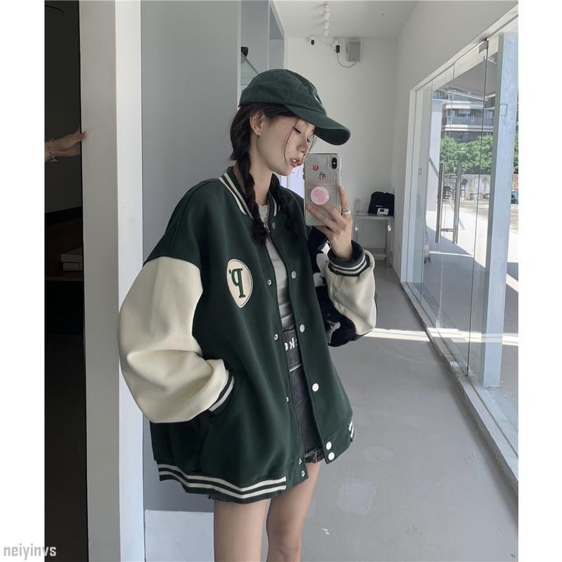 新品💞⚾️韓版學生必備棒球外套質感字母刺繡綠色插肩袖顯白寬鬆棒球外套棒球服學院風粉色女神