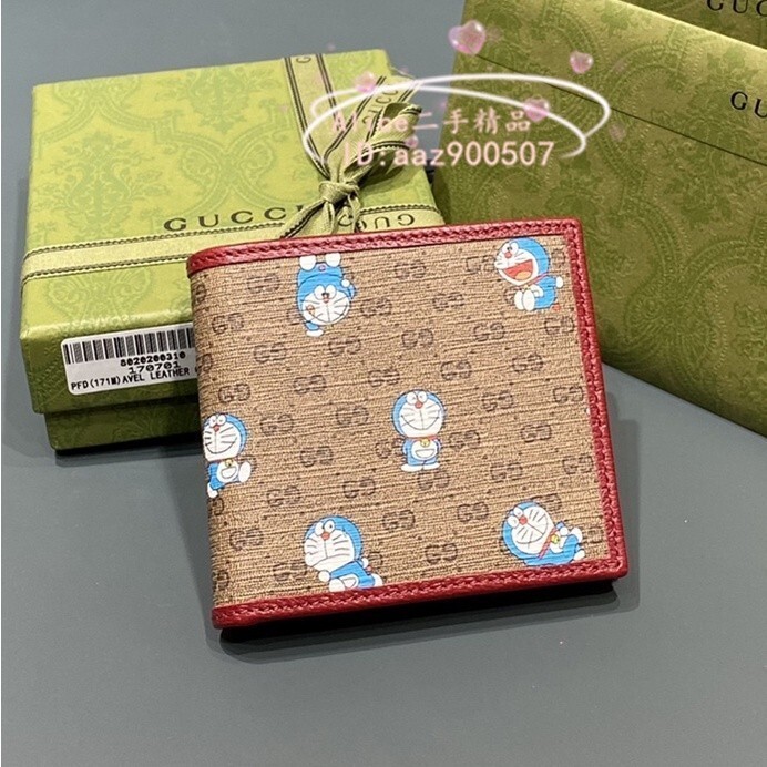 精品二手GUCCI古馳 Doraemon x Gucci聯名 錢包 哆啦A夢 對折 皮夾 錢夾 卡夾 皮夾647802