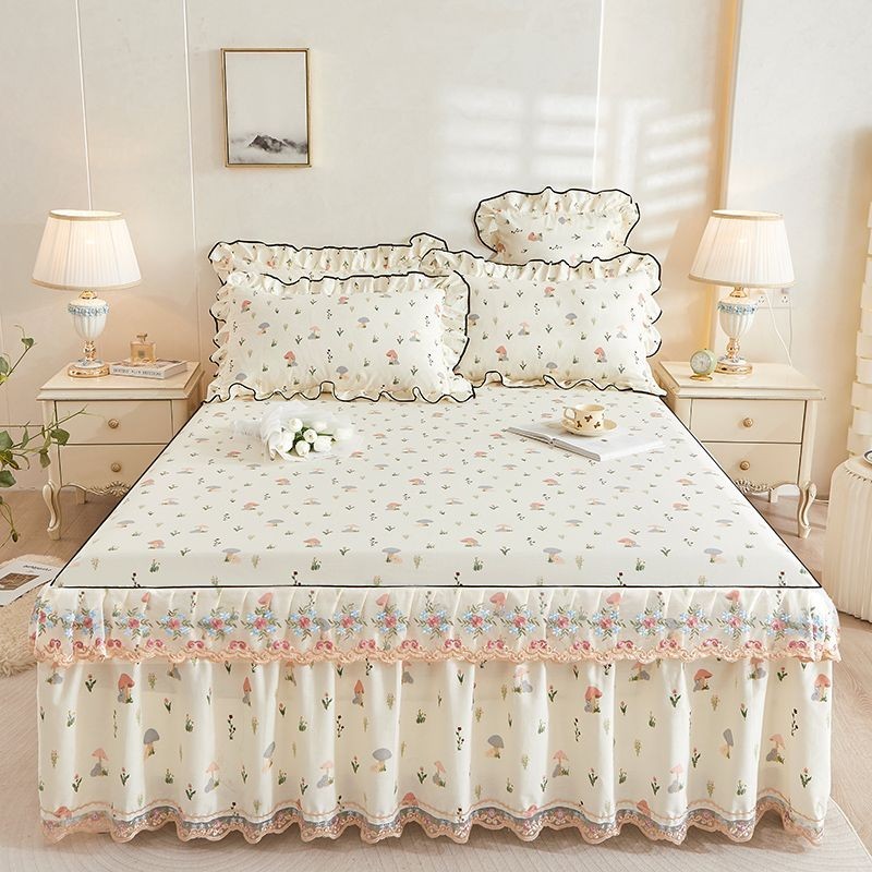 纯棉床裙式床罩单层印花蕾丝花边1.8m席梦思床垫保护罩防尘罩防滑