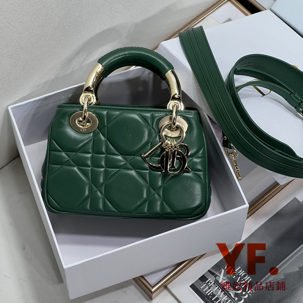 Dior 迪奧 23新款 Lady Dior 藤格紋小牛皮 mini 手提包 肩背包 斜挎包 綠色