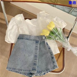 🍓兒童套裝🍓【套裝】短褲 女童褲子 小孩短褲 女童短褲 兒童衣服夏天 女童套裝 新款韓版兒童洋氣蕾絲襯衫牛仔短褲 女