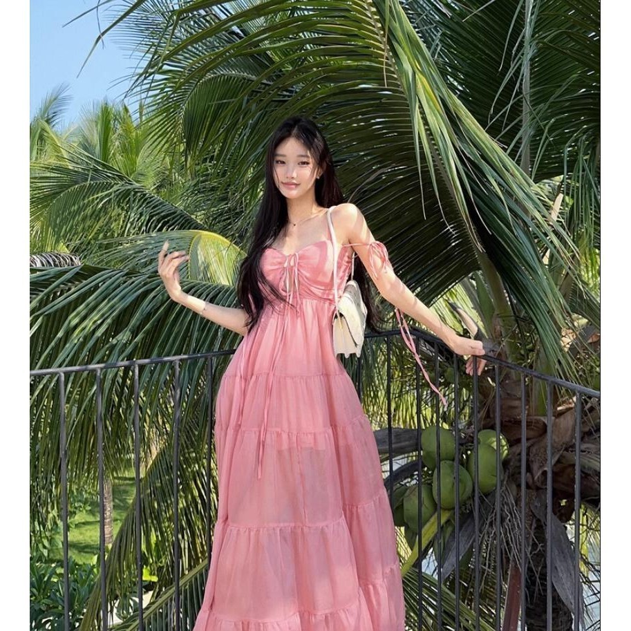 Roes~泰國海邊度假洋裝 海島粉色洋裝 小仙女旅遊氣質 露背氛圍感 高級連衣裙 長裙