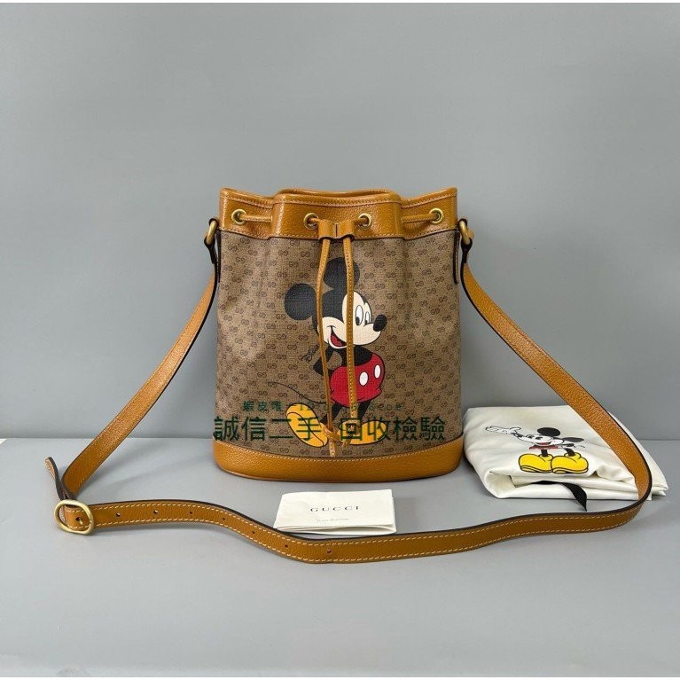 二手精品 Disney X Gucci 雙G 紋皮革 米奇 米老鼠聯名款 斜背包 水桶包 肩背包 單肩包 602691
