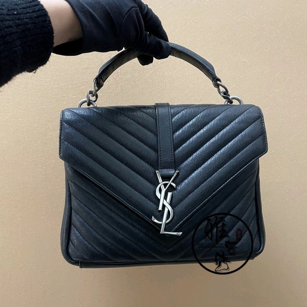 雅萱二手 YSL Saint Laurent(聖羅蘭)COLLEGE 中號 黑銀 學院包 郵差包 鏈條包487213