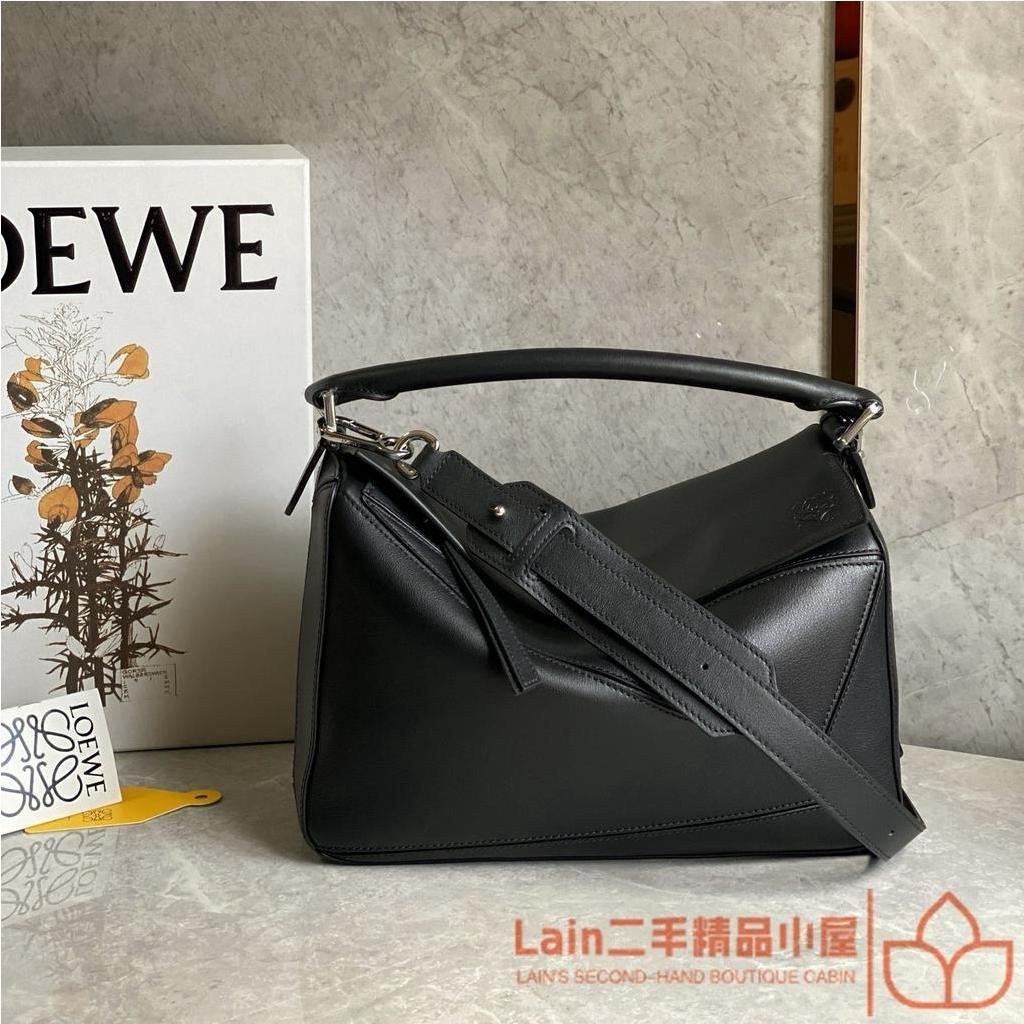 二手精品 LOEWE puzzle 銀扣 黑色 幾何包 單肩斜背包 側背包手提包 單肩包 斜挎包 中號 男士 郵差包