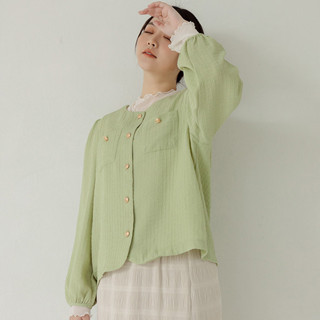 【PolyLulu】 MISS.韓系小姊姊皺皺格子排釦澎袖外套 中大尺碼外套 綠色