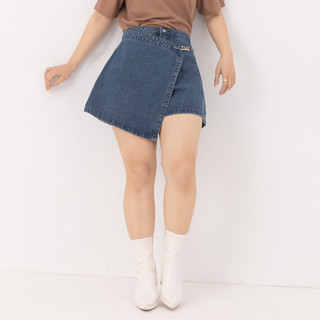 【PolyLulu】 MUA!設計款不對稱交疊牛仔鍊條短褲 中大尺碼褲子 藍色