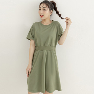 【PolyLulu】 休閒日常舒適鬆緊腰反摺短袖洋裝 中大尺碼洋裝 綠色