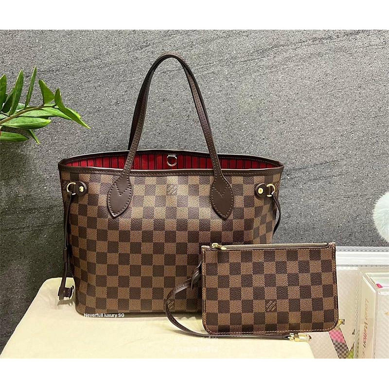 二手精品 LV N41359 經典Damier棋盤格 Neverfull PM 子母包手提包 購物包