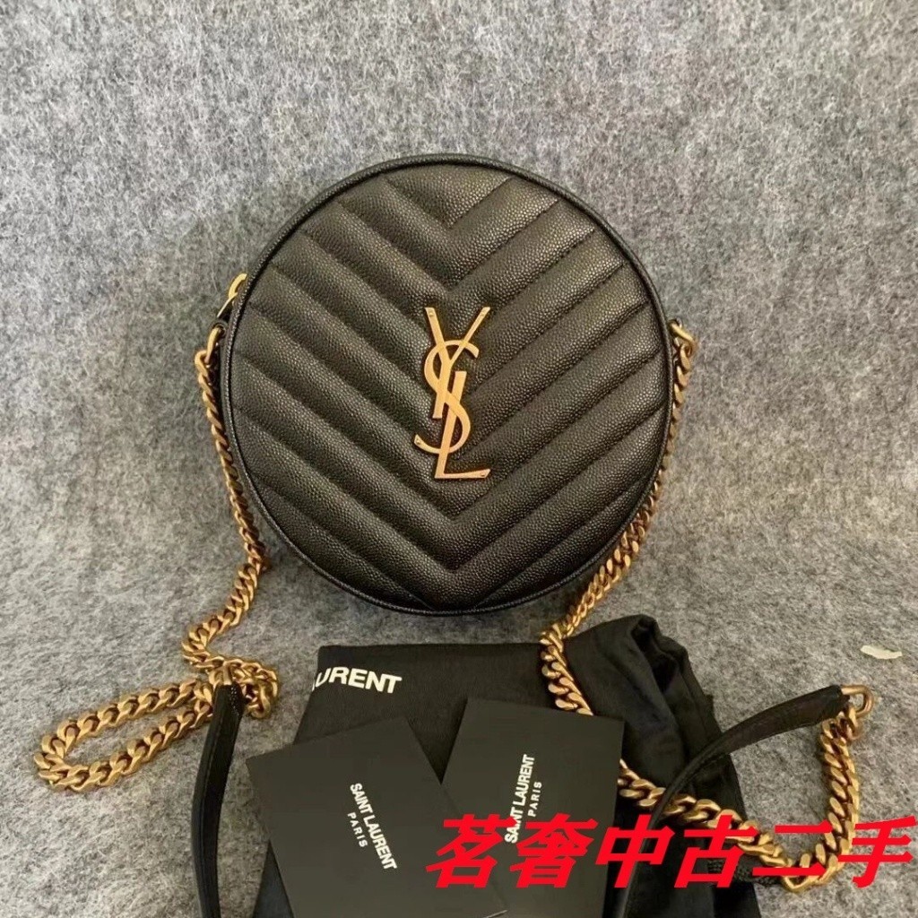 YSL 聖羅蘭 Vinyle 黑色荔枝紋 金標 圓餅包 單肩包 斜背包 鏈條包 610436