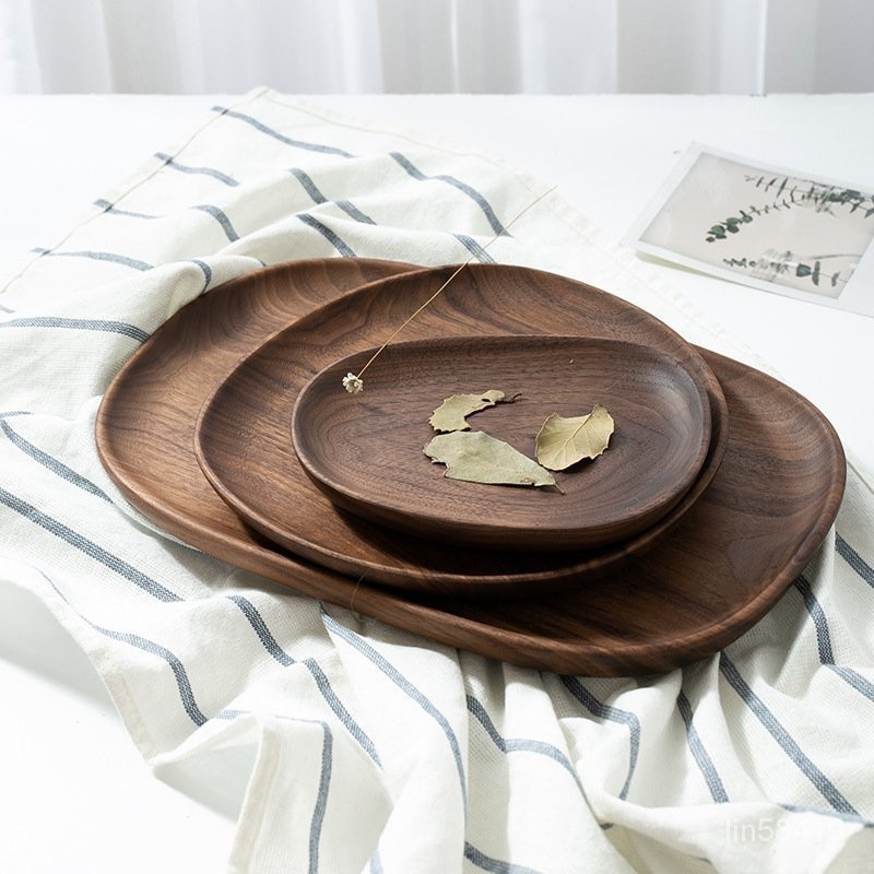 果盤 新中式 整木託盤 茶盤 實木圓盤 黑衚桃木 木質盤 個性木餐盤