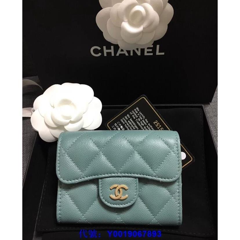 二手正品 CHANEL 香奈兒 A31504 抹茶色 短夾 零錢包 小牛皮荔枝紋 黑色 金/銀 扣 零錢包 皮夾