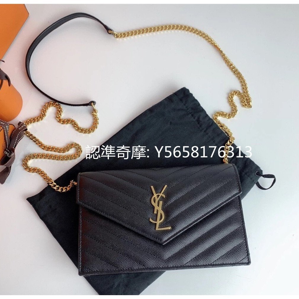 二手便宜出 YSL 聖羅蘭 魚子醬牛皮金屬 LOGO 金鍊手拿包 鏈帶包 側背包 肩背包 WOC 377828