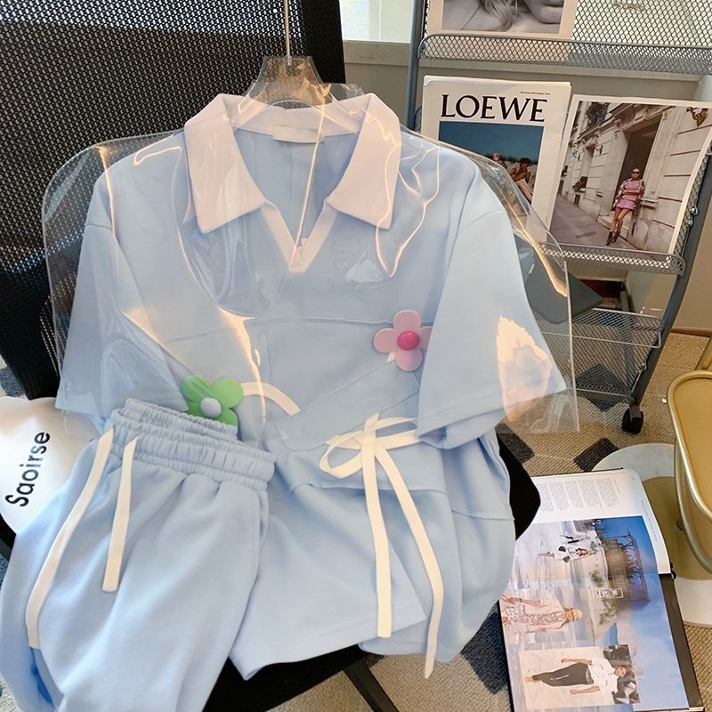 Yelly's Shop 設計感撞色polo領T恤時尚套裝女夏季寬鬆洋氣短袖短褲兩件套ins潮