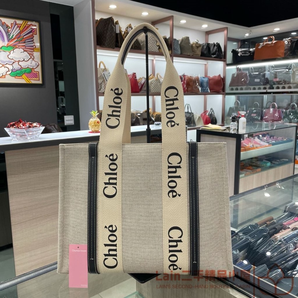 二手精品 chloe 蔻依 Woody 中號帆布托特包 棉質 CHC21US 帆布拼接 光面小牛皮 托特包 手提包
