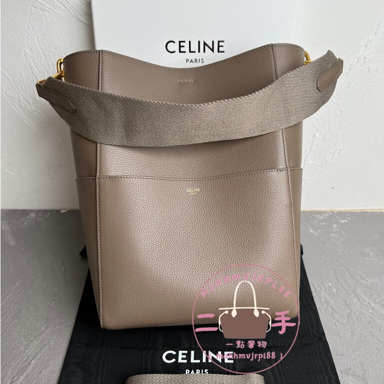 折扣 99新 二手 CELINE Sangle Bucket 大號牛皮荔枝紋水桶包/肩背包 189593AH4-18TP