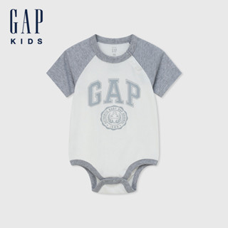 Gap 嬰兒裝 Logo純棉小熊印花圓領短袖包屁衣-灰白拼接(505577)