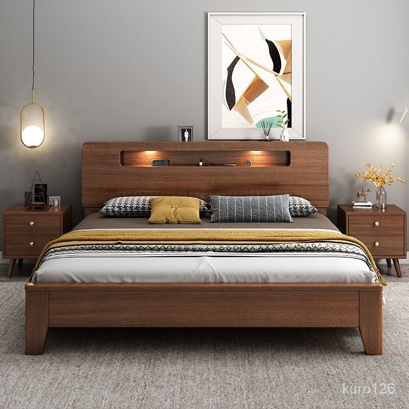 雙人床架  簡約床架 現代床架 宿捨1米單人床1.5米出租房1.8米雙人床簡約現代衚桃木實木床1米8床雙人床主臥高箱儲物