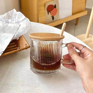 【質量保證】ins風玻璃條紋杯 馬克杯 冰美式咖啡杯帶蓋勺帶把馬克杯早餐牛奶杯喝水杯子家用