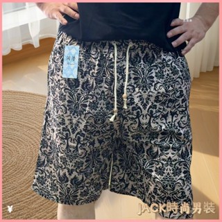 JACK 大尺碼男裝 男裝短褲 工裝短褲 大碼沙灘褲 夏季棉居傢沙灘褲麻短褲寬鬆民族傢居印花休閒外穿時尚五分大褲衩