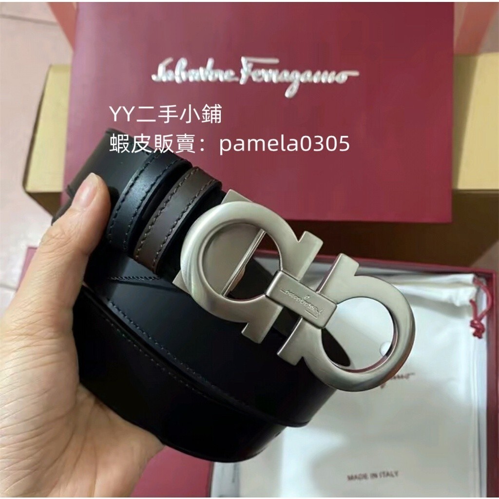 精品二手 Salvatore Ferragamo菲拉格慕 雙面啞光黑色牛皮 男款 腰帶 皮帶 送男友3.5 送禮推薦