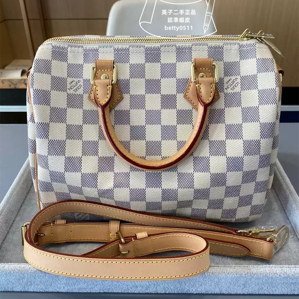 免運 二手現貨 LV speedy 25 白色棋盤格枕頭包 N41374 單肩包 手提包 單肩包 斜挎包