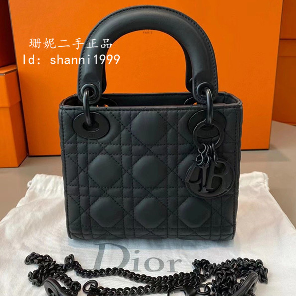 二手精品 DIOR 迪奧 LADY Mini 藤格紋 三格戴妃包 So Black 磨砂黑 手提包 鏈條包 斜背包