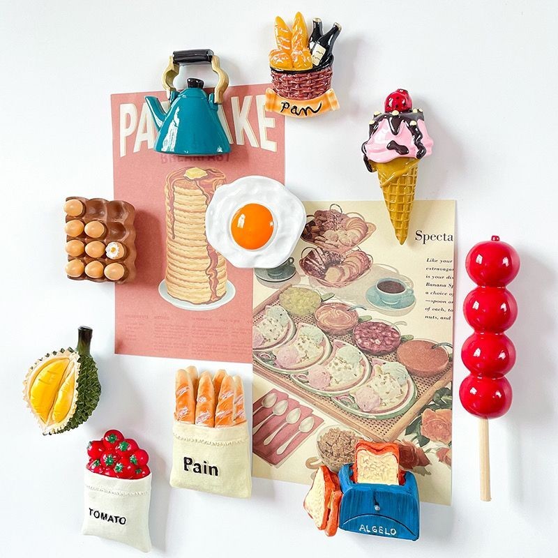 冰箱貼 冰箱貼磁鐵 冰箱磁貼 冰箱貼造型磁鐵 冰箱貼磁鐵可愛食物磁性貼3D立體鷄蛋麵包食玩裝飾創意磁力貼