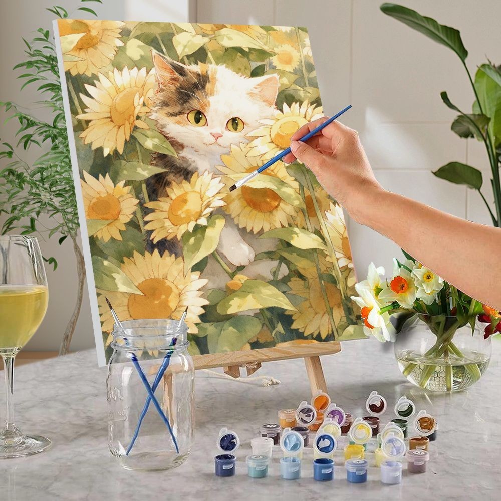 🔥歡樂蜂🔥向日葵貓咪數字油畫手工diy手繪丙烯顏料手動填色裝飾畫